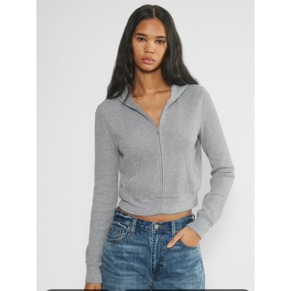 TNA Waffle Zip Hoodie M Dusty Blue Exc Waffle Knit Cropped Cozy Streetwear Y2K